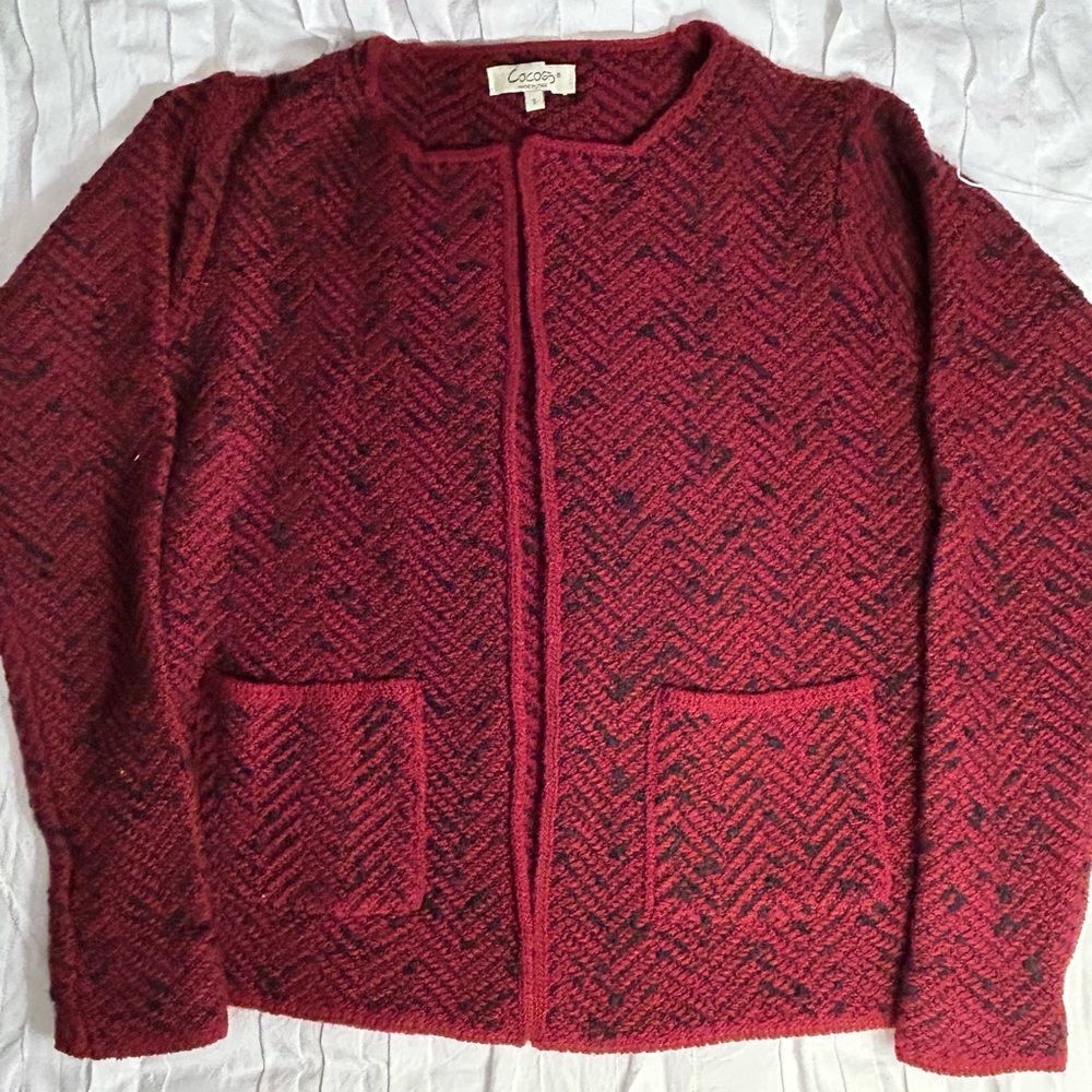 Cocogio Italy Made Open Front Wool Blend Cardigan Sweater Size S Red & black EUC